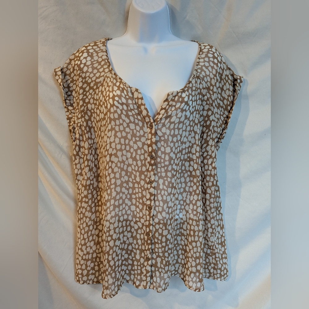 Brown and White Button-Up Women's Top